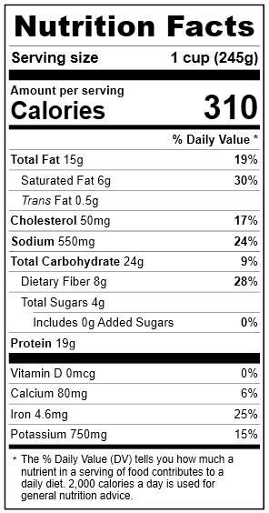 2021 Paul Revere Chili Nutrition Facts Panel