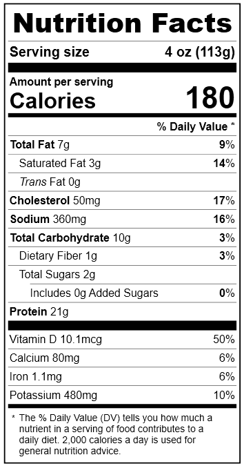 0031 Spinach & Feta Salmon Burger (4oz) Nutrition Facts Panel