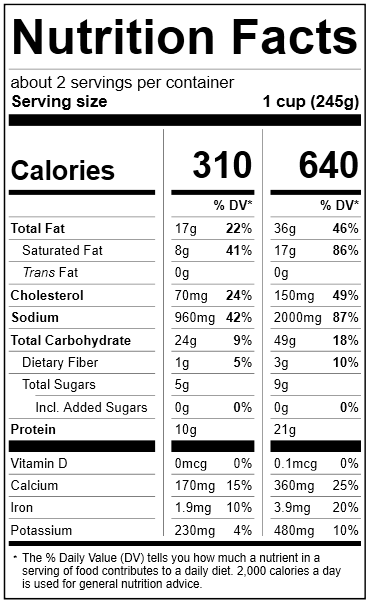 2053 New England Clam Chowda (Frozen Retail) Nutrition Facts Panel