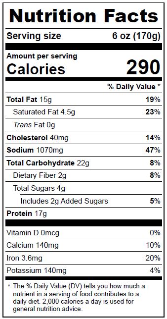 1501SG Gourmet Clams Casino Nutrition Facts Panel